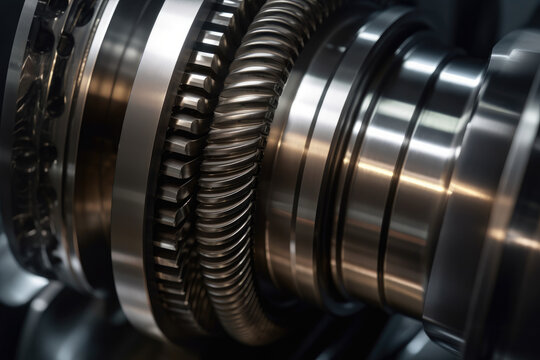 Macro shot of a compressor's metallic piston in motion with intricate mechanical details visible in the background