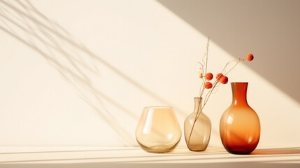 elegant still life with three glass vases in retro style against a white wall bathed in the sun. minimalist style. Generative Ai.