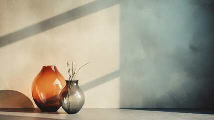 still life in a minimalist style with two multi-colored glass vessels against the background of a light beige wall bathed in the sun. Generative Ai.
