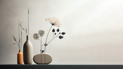 still life with three ceramic vases with a dried sprig of a plant on a light gray background, minimalist style