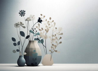 still life in retro style with ceramic vases and flowers on a gray background. Generative Ai.