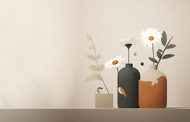 still life in a minimalist style with ceramic vessels and daisies on a light beige background. Generative Ai.