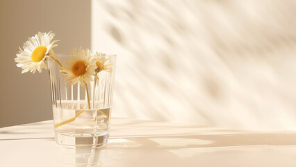 minimalistic background. glass of water and chamomile. Generative Ai.