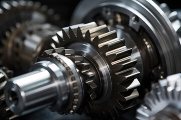 Macro shot of a transmission differential system with gears rotating at different speeds, showcasing the science of motion control in industrial applications - obrazy, fototapety, plakaty