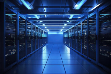 Macro shot of enclosures in a high-tech server room with blinking LED lights and cables