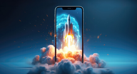 Modern startup business success concept rocket jet speed on mobile phone. Space rocket takes off from mobile device with smoke, creative idea, Acceleration and successful startup, generative ai - obrazy, fototapety, plakaty