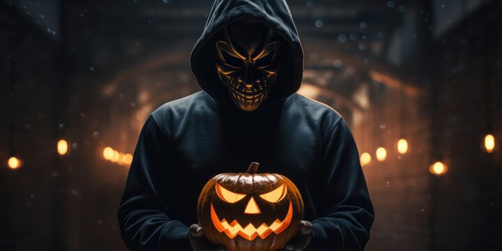 Halloween concept - Young man with a ghost mask holding a pumpkin jack o lantern stands on dark horror background, generative ai
