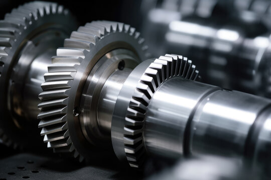 Macro shot of the gears of an extrusion machine in action, interlocking and driving the conveyor belt