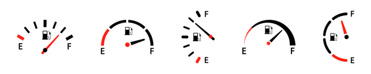 Set of fuel indicator vector icons. Car panel. Level petrol and diesel on car. Control panel. Measurement dial. - obrazy, fototapety, plakaty