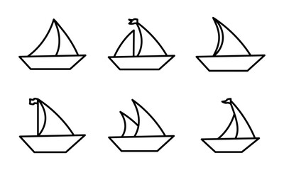 Set of line sail boat vector icons. Silhouette with linear sailboat. Black nautical yacht or sailboat. Vector 10 Eps.