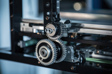 Precision in motion: a macro shot of a gantry system in action, with gears turning and belts moving smoothly and precisely