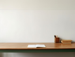 Notebook and books on a neat school desk. AI generation
