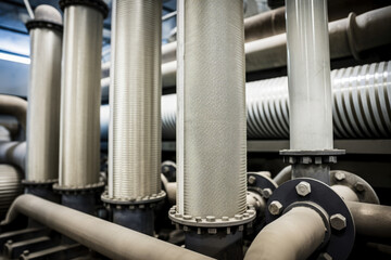 Industrial filtration equipment under close inspection with clean filters and steel pipes visible