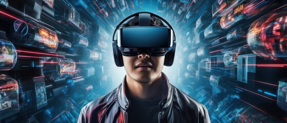 Visual reality concept. Young man using Visual reality or VR headset and interacting with object. Man getting experience using VR headset glasses.
