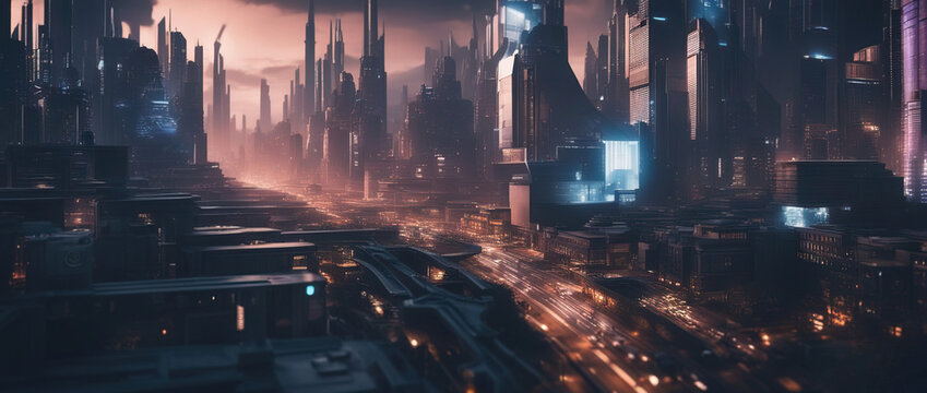 Aerial view to a cyberpunk neon city at night. Futuristic city scene in a style of sci-fi art. 80's wallpaper. Retro future Generative AI illustration. Urban scene.