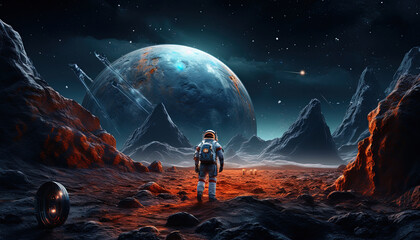 Illustration of astronauts in space suits exploring distant planets