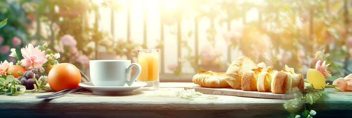 Tasty breakfast on wooden table in backyard of the house. Summer or spring morning background. - obrazy, fototapety, plakaty
