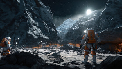 Illustration of astronauts in space suits exploring distant planets