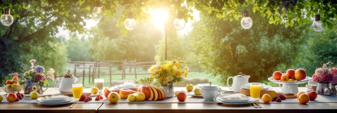 Tasty breakfast, berries, fruits on wooden table on terrace with string lights in backyard of the house. Summer or spring morning background.