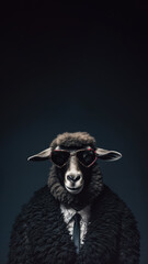 Cool looking black sheep with dark wool wearing funky fashion dress and sunglasses. Vertical banner with copy space above. Stylish animal posing. Generative AI