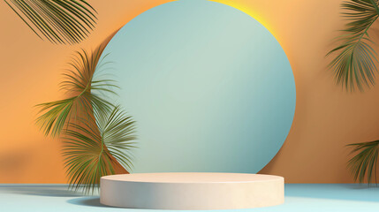 Fototapeta premium Round pastel podium and palm leaf, Abstract minimal geometric shapes background, Aesthetic summer dais concept and shadows on the wall, 3D Modern design for product showcase display, AI generated.