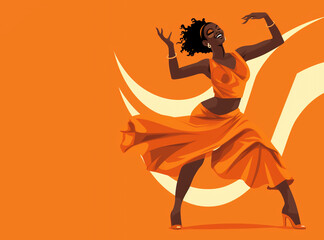 dancing african american woman on orange background, colorful illustration. Generative AI.