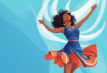 happy smiling african american woman dancing on blue abstract background, colorful illustration. Generative AI.