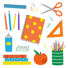 Vector illustration set with education school elements. Pencil, scissors, notepad, eraser, books. Colored sticker pack collection - 634329865