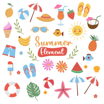 Set of summer icons hand-drawn vector illustration on a white background. 