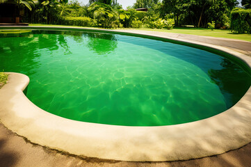 Close up of green pool water caused by presence of algae
