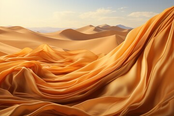 Pristine desert landscape with peach sand dunes under a blue sky and wave silk textile 