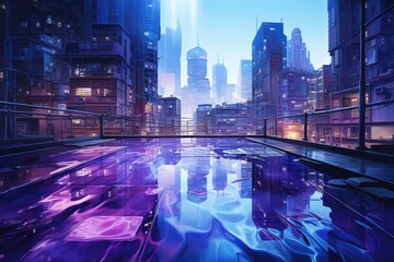 Impressive urban skyline with illuminated skyscrapers reflected in calm waters