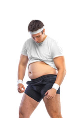 A funny fat man isolated on white background. Obesity and eating disorder. Concept for dietetics and fitness advertising in social networks.