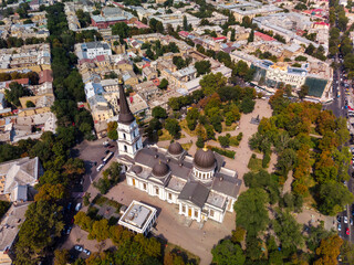 Fototapeta premium View of the Transfiguration Cathedral in Odessa before a Russian missile hit. Beautiful top view of the central cathedral in Odessa. Cathedral before destruction. Top view of Odessa in autumn.