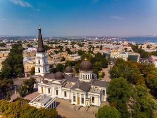 View of the Transfiguration Cathedral in Odessa before a Russian missile hit. Beautiful top view of the central cathedral in Odessa. Cathedral before destruction. Top view of Odessa in autumn. - 634332664