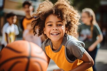 Portrait of young basketball player practicing with classic ball outdoors.