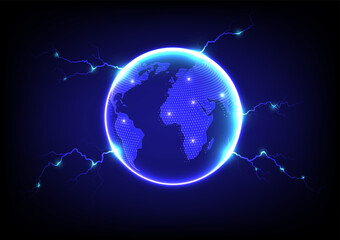 Glowing globe world map with lightning on dark blue background. Vector illustration.