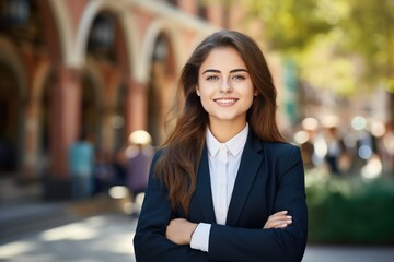 Fototapeta premium Happy cute clever schoolgirl portrait. First time to school. Back to school.