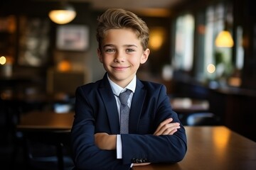 Fototapeta premium Happy cute clever schoolboy portrait. First time to school. Back to school.