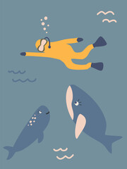 retro postcard with a scuba diver and whales