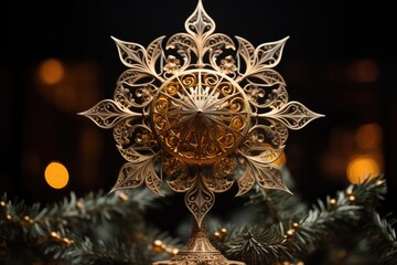 close-up shot of a golden star tree topper, positioned at the peak of a Christmas tree