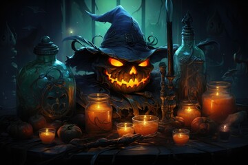 Magical witch workshop with pumpkin in hat, glass poison bottle and candles for magic ritual on occasion of celebration of Halloween.