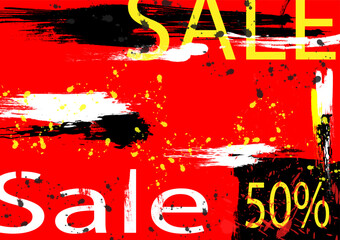The grunge abstract  made with a red brush on a white background. There is space for inserting text, 50 percent off sale banner. used as cards, book covers, banners.