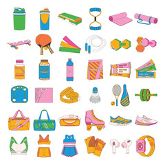 Shaker, dumbbells, protein, bag, rollers, sportswear. Various Sport equipment. Fitness inventory.