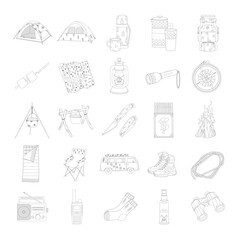 Camping and hiking set, drawn elements — tent, campfire, map, van. Wilderness survival, travel, hiking. Line art.