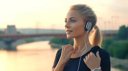 Pretty girl talking in new futuristic headphones, headset of the future. Ai Generative