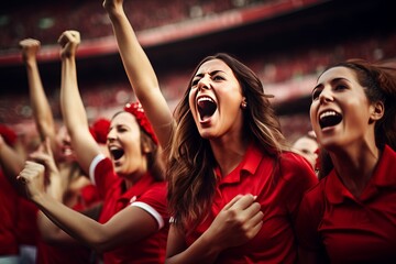 A group of girls - a female football sports team in red uniform cheering because of victory in a...