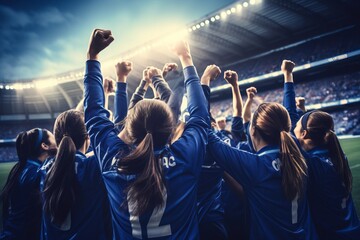 A group of girls - a female football sports team in red uniform cheering because of victory in a game after making a goal at the stadium or a soccer field