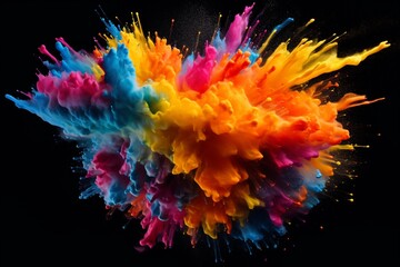 Colourful bright paint explosion on black background. AI generated