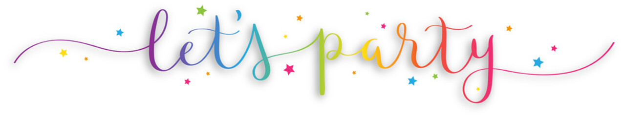LET'S PARTY rainbow-colored brush calligraphy banner with stars on transparent background